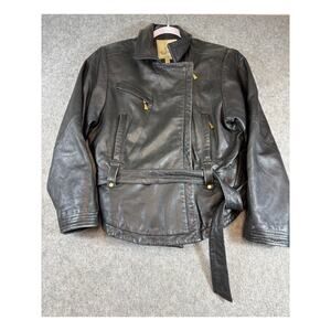 Vintage 90s JC Leather Biker Jacket Womens Medium Black Belted Grunge Motorcycle